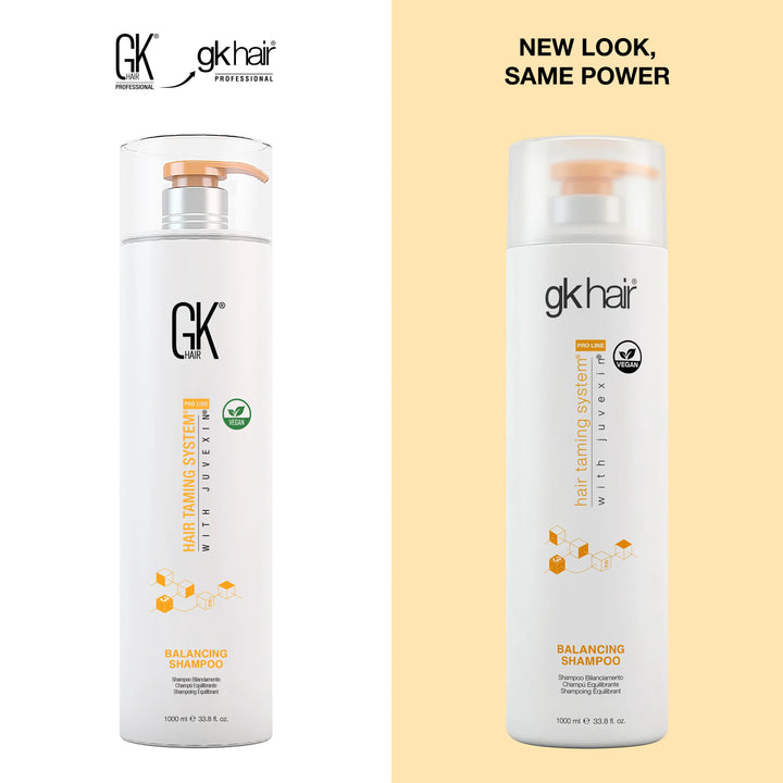GK Hair Balancing Shampoo 1000 ml white pump bottle, old design left and the new &