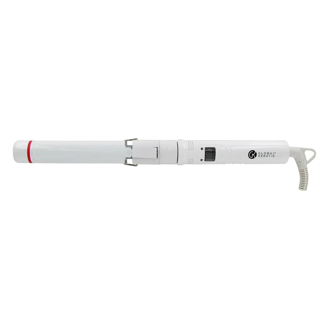 GK Hair white curling iron centered on white: clamp barrel with a red tip band, LED display, logo on the handle and coiled cord