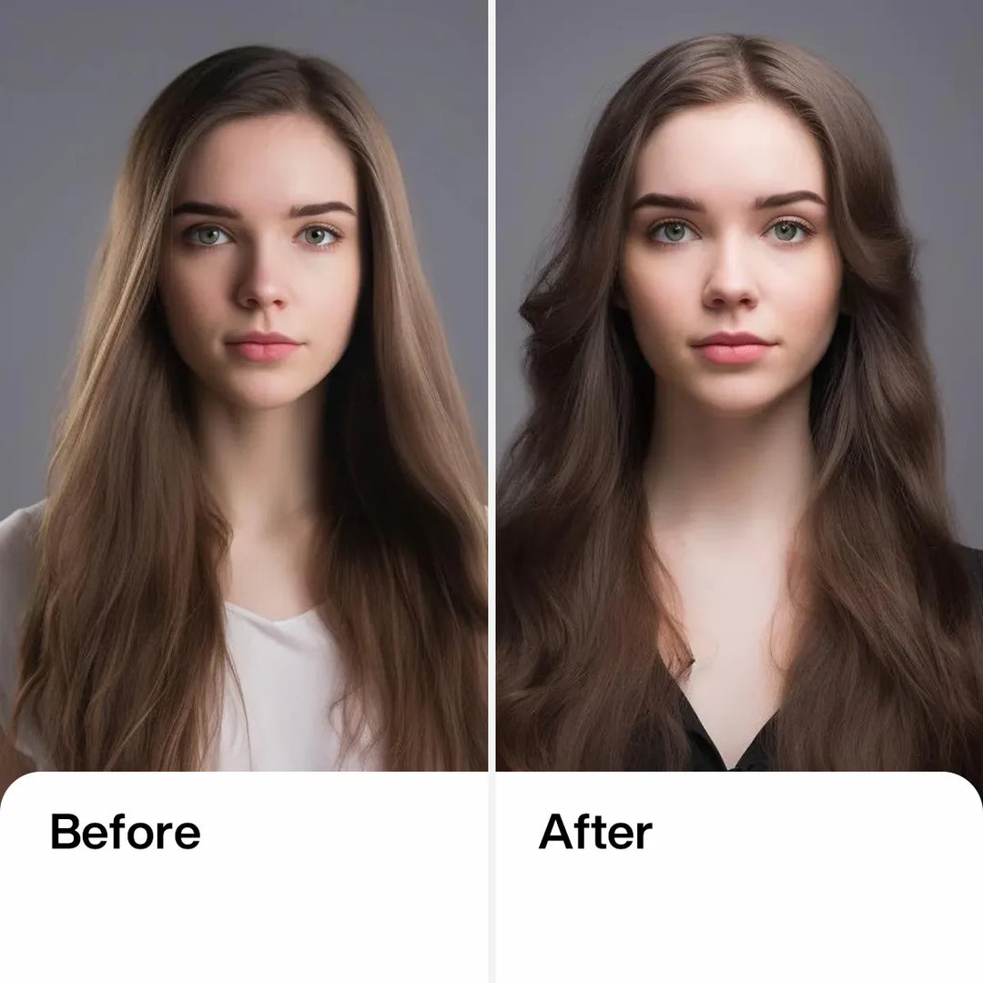 Before and after: left, dull straight light brown hair; right, the same woman with glossy voluminous dark brown waves