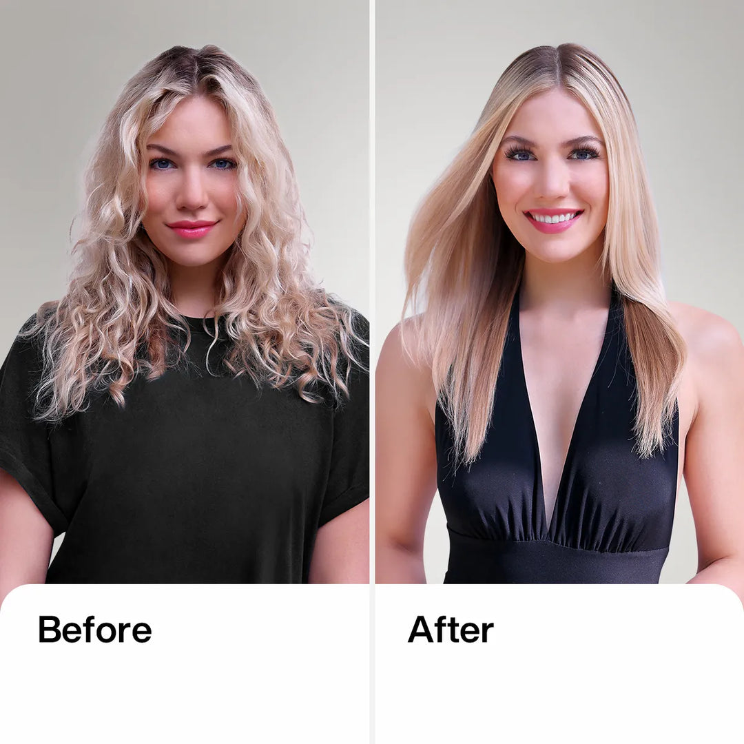Before and after: frizzy curly blonde hair in a black tee at left, sleek straight blonde hair in a black halter at right