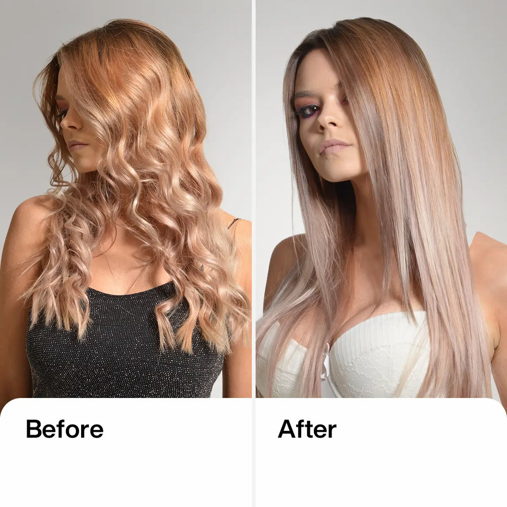 A Lady Showcasing her hair before and after using The Best Coco Keratin Kit