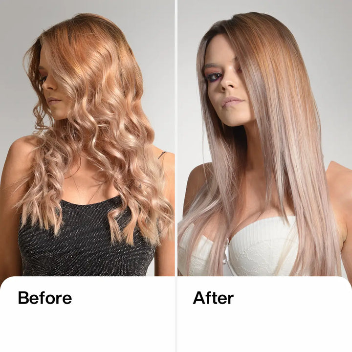 A Lady Showcasing her hair before and after using The Best Coco Keratin Kit