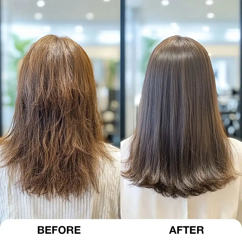 A Model Showcasing her hair before and after using Nanoplastia Hair Treatment