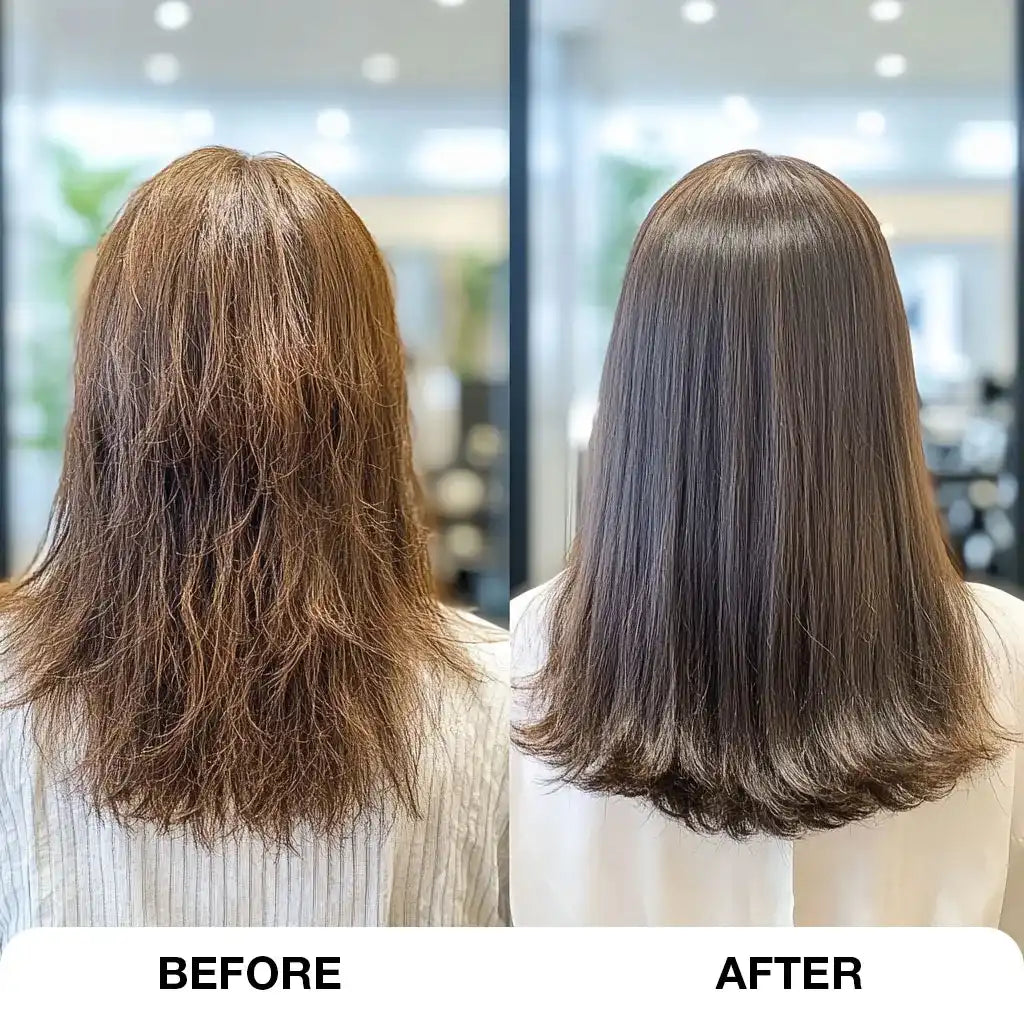 A Model Showcasing her hair before and after using Nanoplastia Hair Treatment