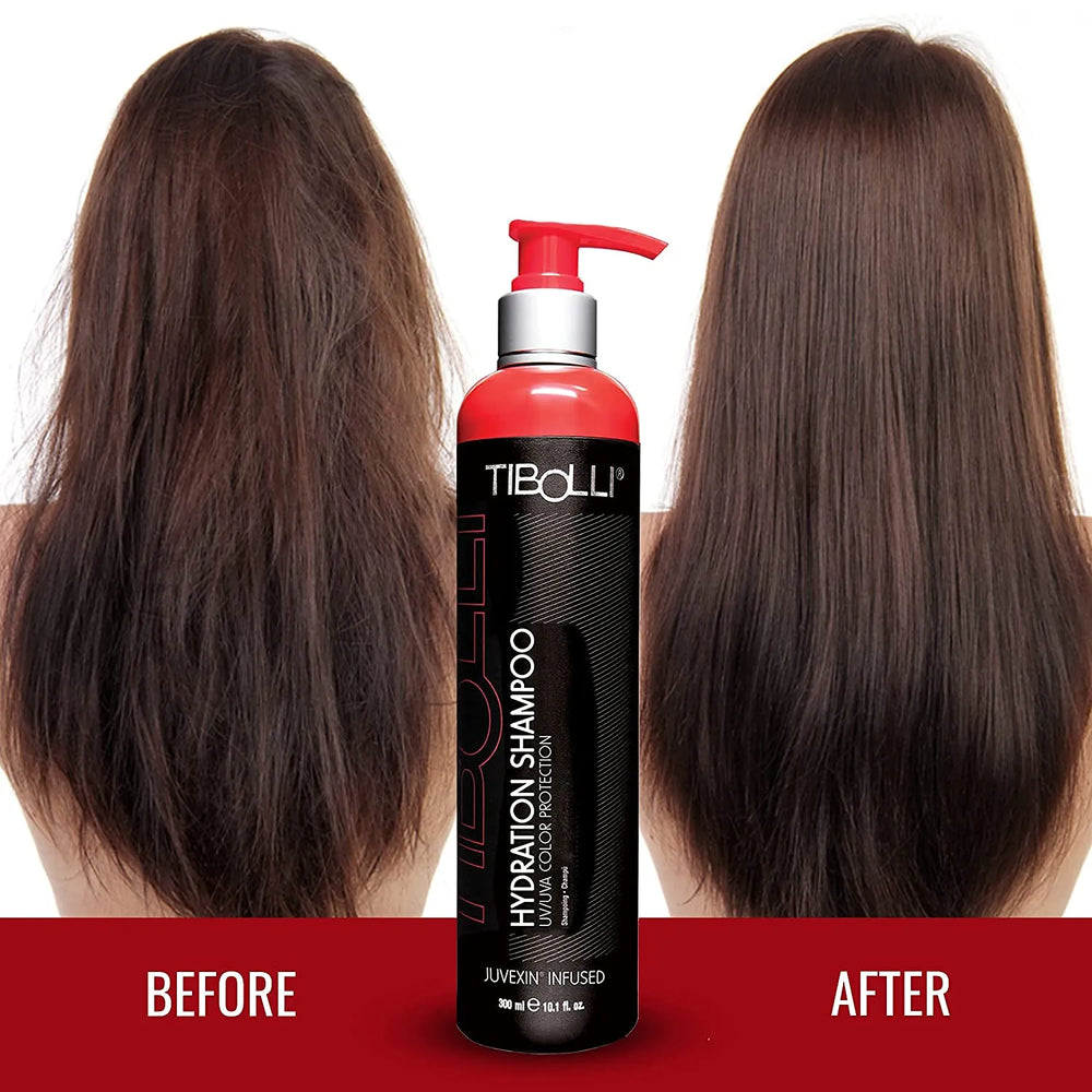 Tibolli Hydration Shampoo 300 ml black bottle with a red pump between Before frizzy brown hair and After smooth glossy hair