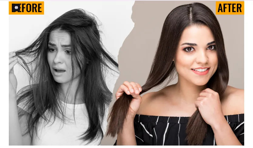 GK Hair D700 flat iron before-and-after panel: frizzy tangled hair in black and white on the left, smooth straight brown hair on the right