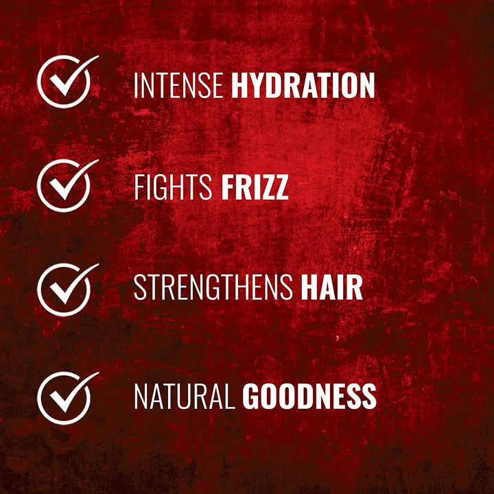 Benefits panel for Moisture Must Hair Cream on red: Intense Hydration, Fights Frizz, Strengthens Hair, Natural Goodness