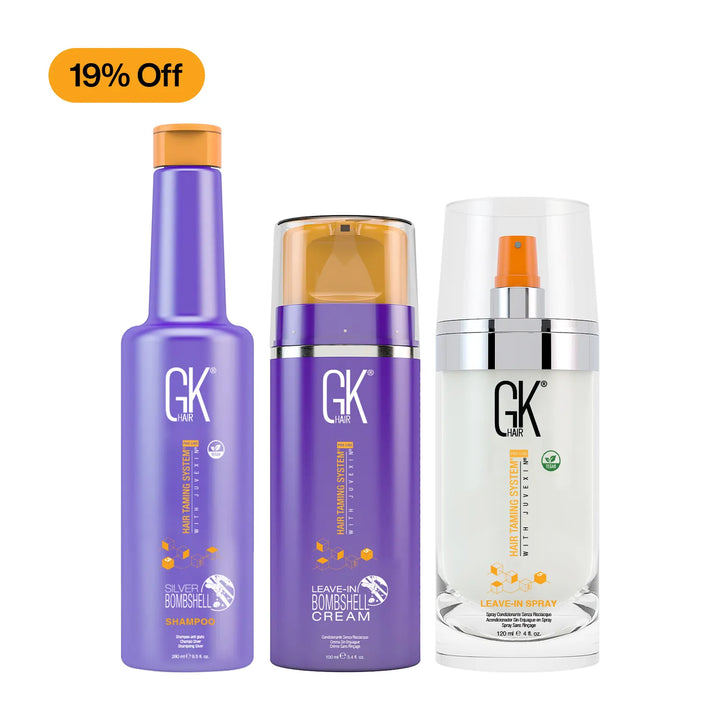 GK Hair Silver Bombshell Shampoo, Leave-In Bombshell Cream and Leave-In Spray with an orange 19% Off badge