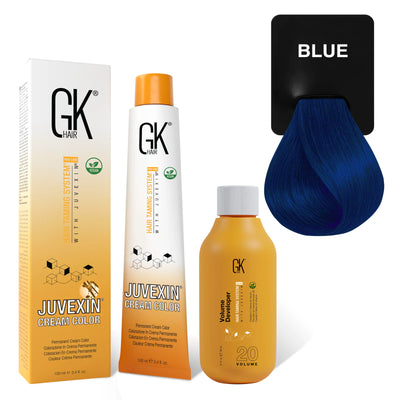 GK Hair's Juvexin Blue Cream Color product set including Volume Developer.