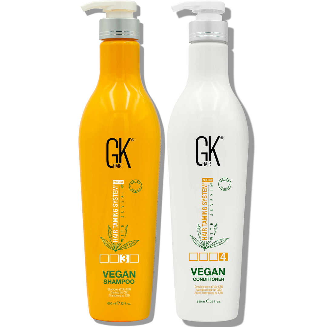 GK Hair Vegan Shampoo and Conditioner featuring a pump dispenser and branding, labeled as part of the Hair Taming System.