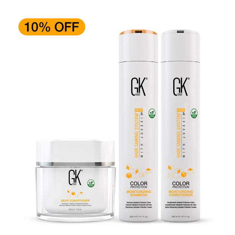 GK Hair Jumbo Care Pack, 10% OFF: Deep Conditioner 200 g jar with Color Protection Moisturizing Shampoo and Conditioner 300 ml, vegan