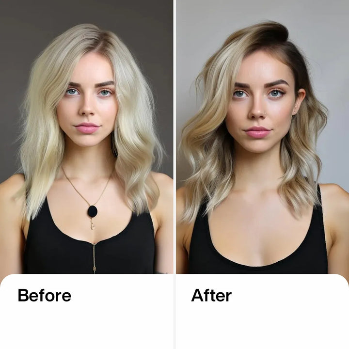 A lady before and after using Cashmere hair cream