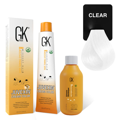 GK Hair's Juvexin Clear Cream Color product set including Volume Developer.