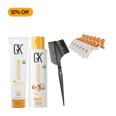 GK Hair Coco Care Essentials set including  pH+ Shampoo, Coco Keratin Treatment, Application Brusher, and Shark Clips with a "12% Off" tag.
