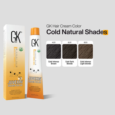 GK Hair Cream Color packaging with color swatches on a gray background