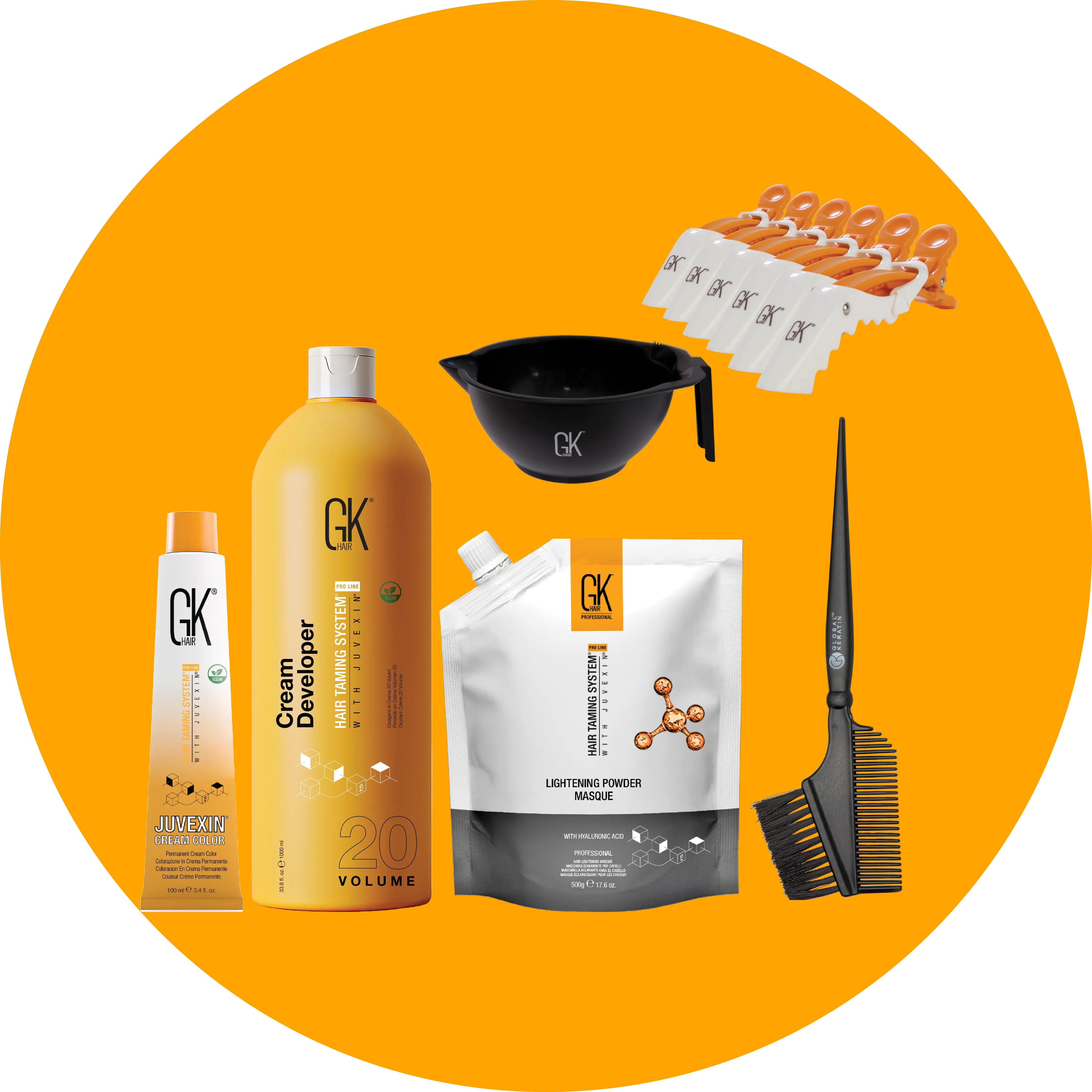GK Hair care products including bottles, a bowl, and a comb on an orange background