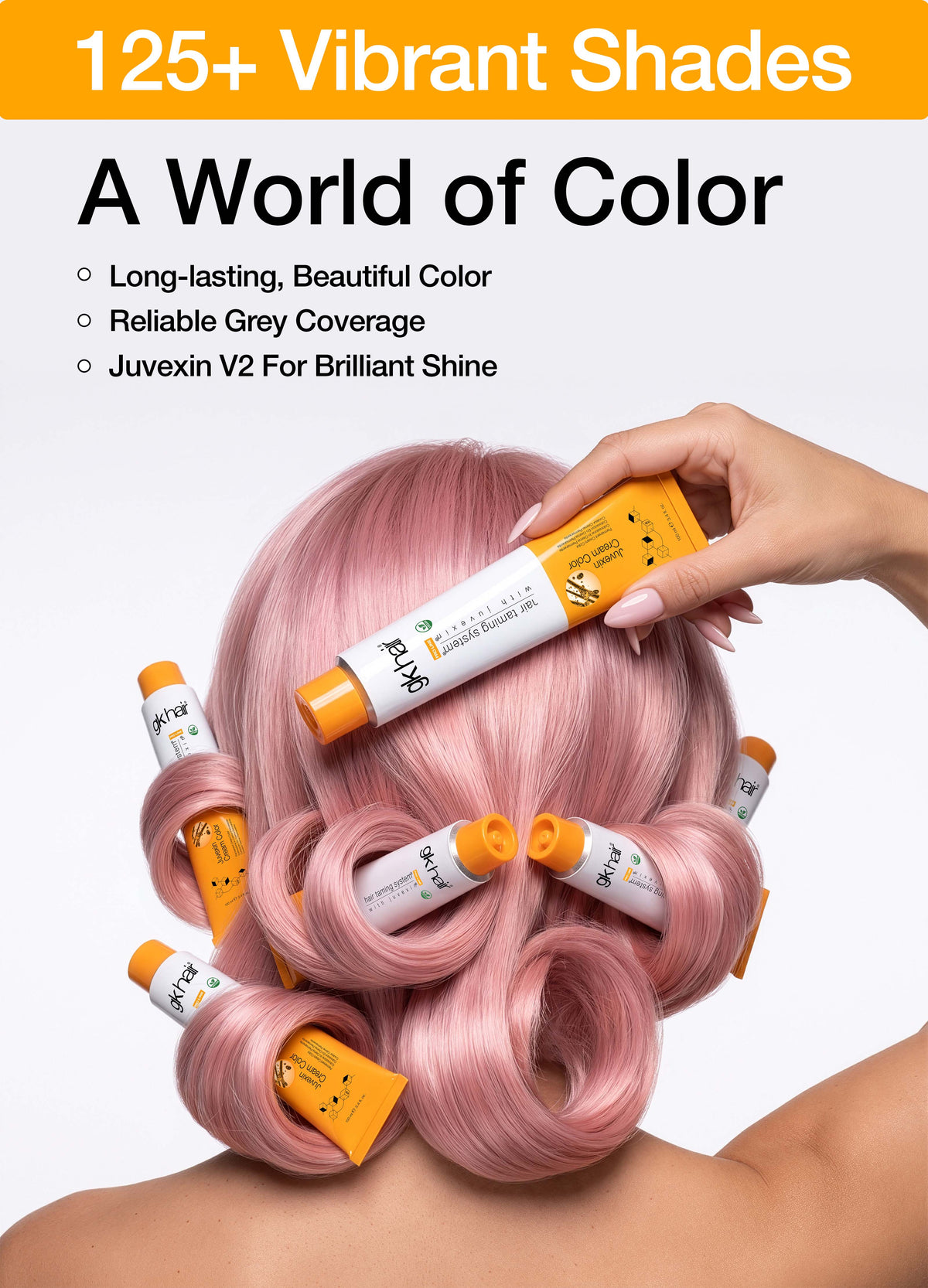 A World of Color mobile banner: 125+ vibrant shades, pink pin-curled hair held by GK Hair color tubes, long-lasting color, Juvexin V2 shine