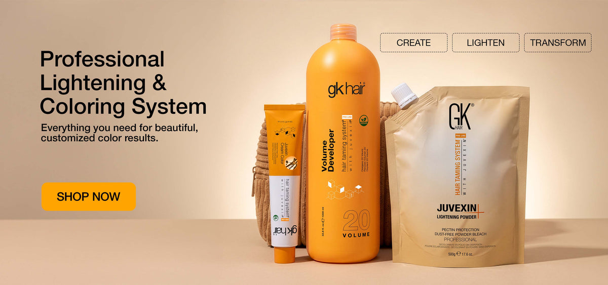 Wide 'CREATE, LIGHTEN, TRANSFORM. Professional Lightening & Coloring System' banner: Volume Developer and Juvexin Lightening Powder pouch