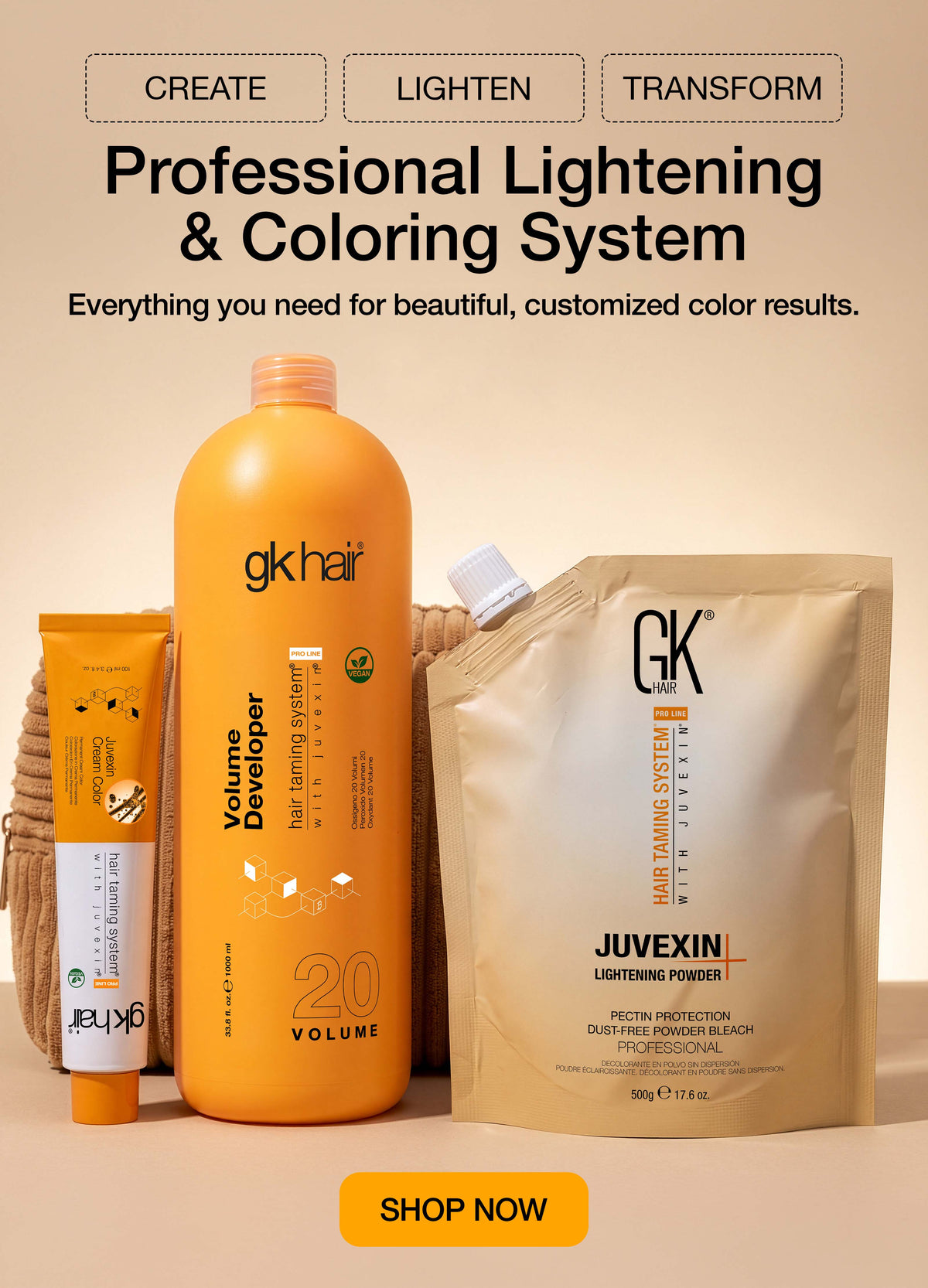 'CREATE, LIGHTEN, TRANSFORM. Professional Lightening & Coloring System' banner: Volume Developer, Cream Color and Juvexin Lightening Powder