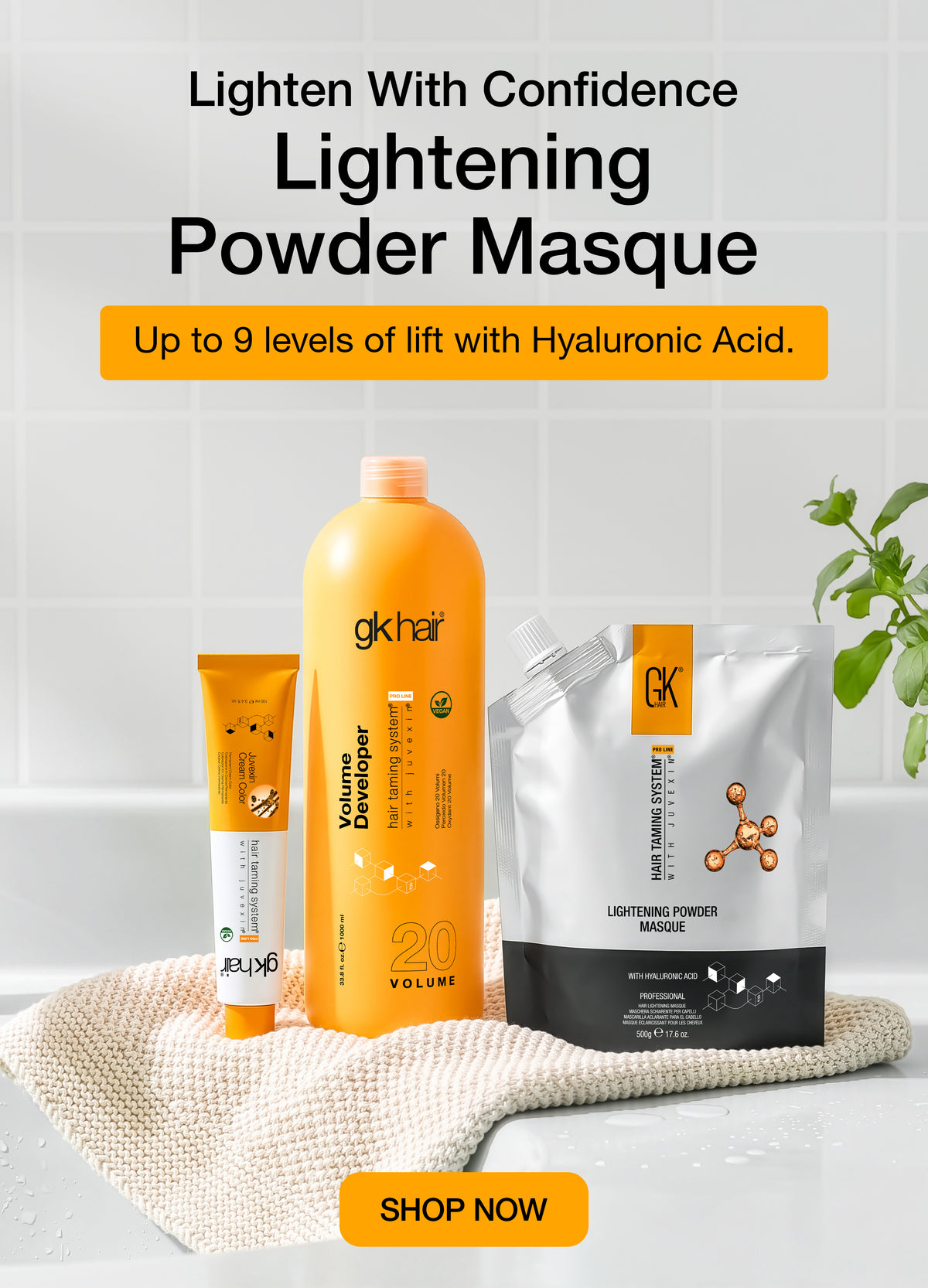 'Lighten With Confidence, Lightening Powder Masque, Up to 9 levels of lift with Hyaluronic Acid' banner with Volume Developer and the pouch