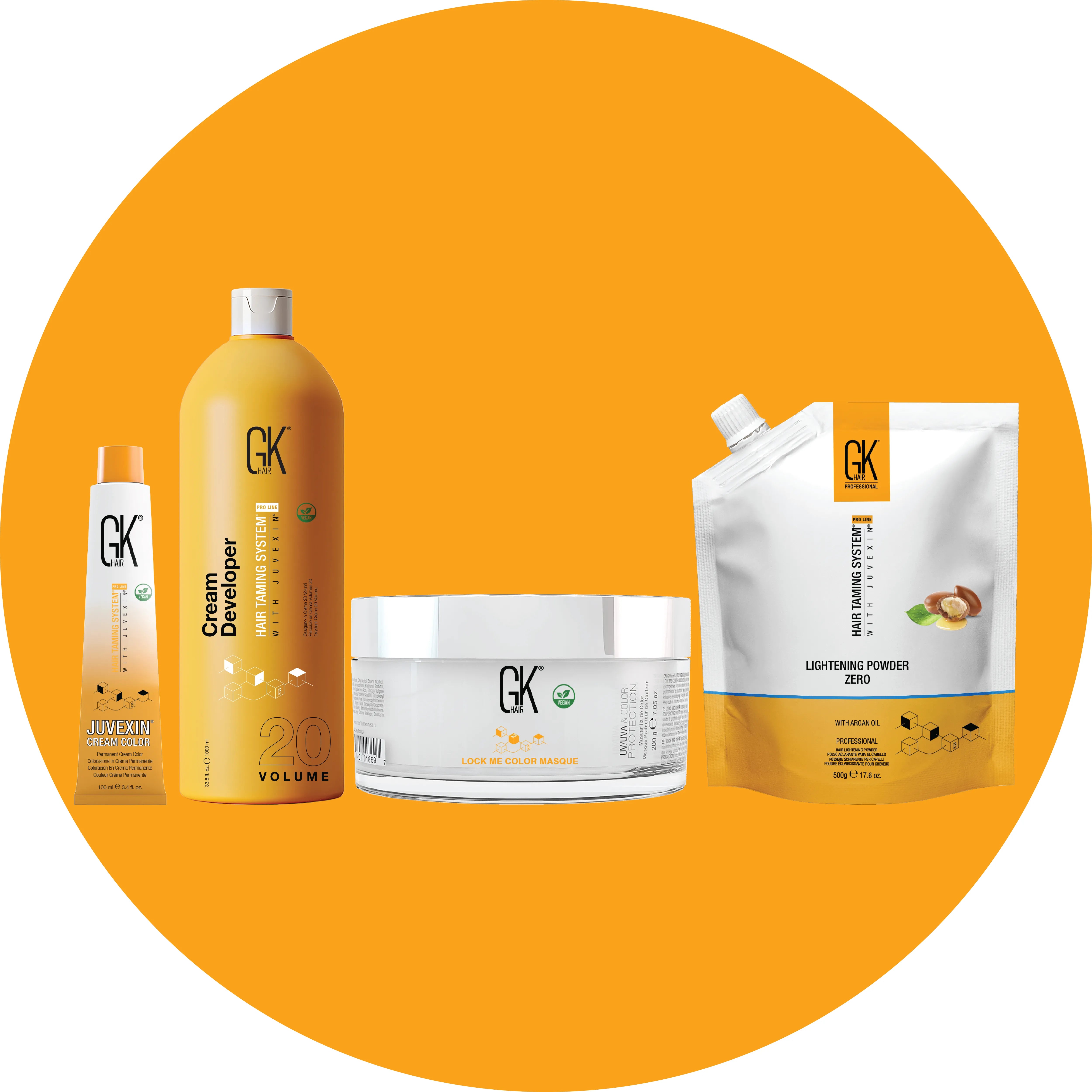 Set of GK hair care products on an orange background