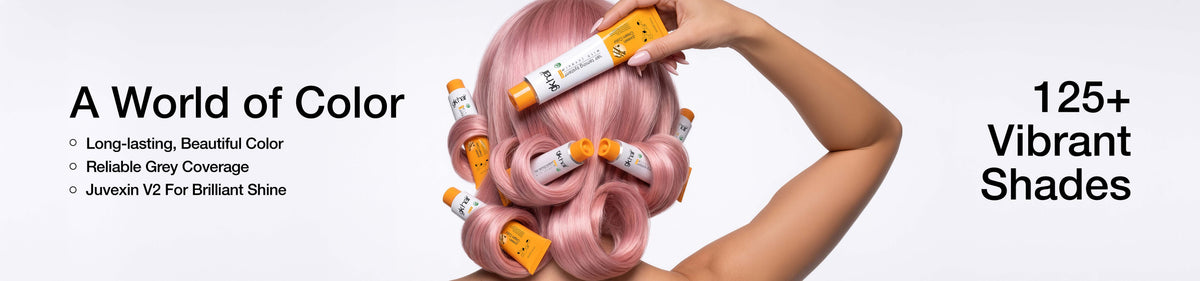 A World of Color banner: back view of pink hair rolled in pin curls held by GK Hair color tubes, 125+ vibrant shades, reliable grey coverage