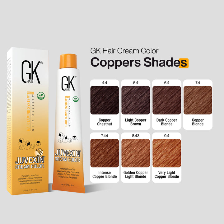 GK Hair Copper Shades Cream Color packaging with color swatches on a gray background