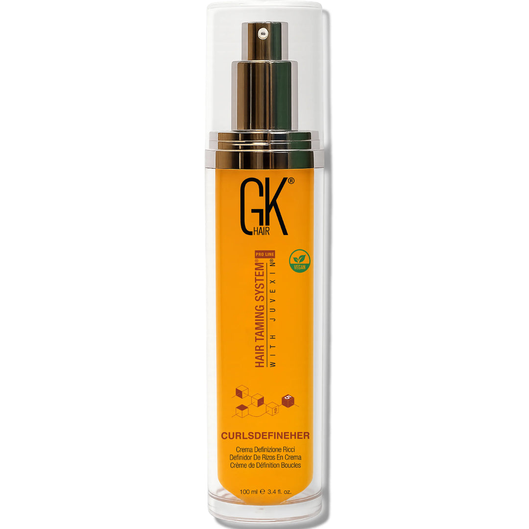 GK Hair Curl Definer, a vegan hair cream for enhancing and defining curls, 100 ml. Bright yellow packaging with spray nozzle.