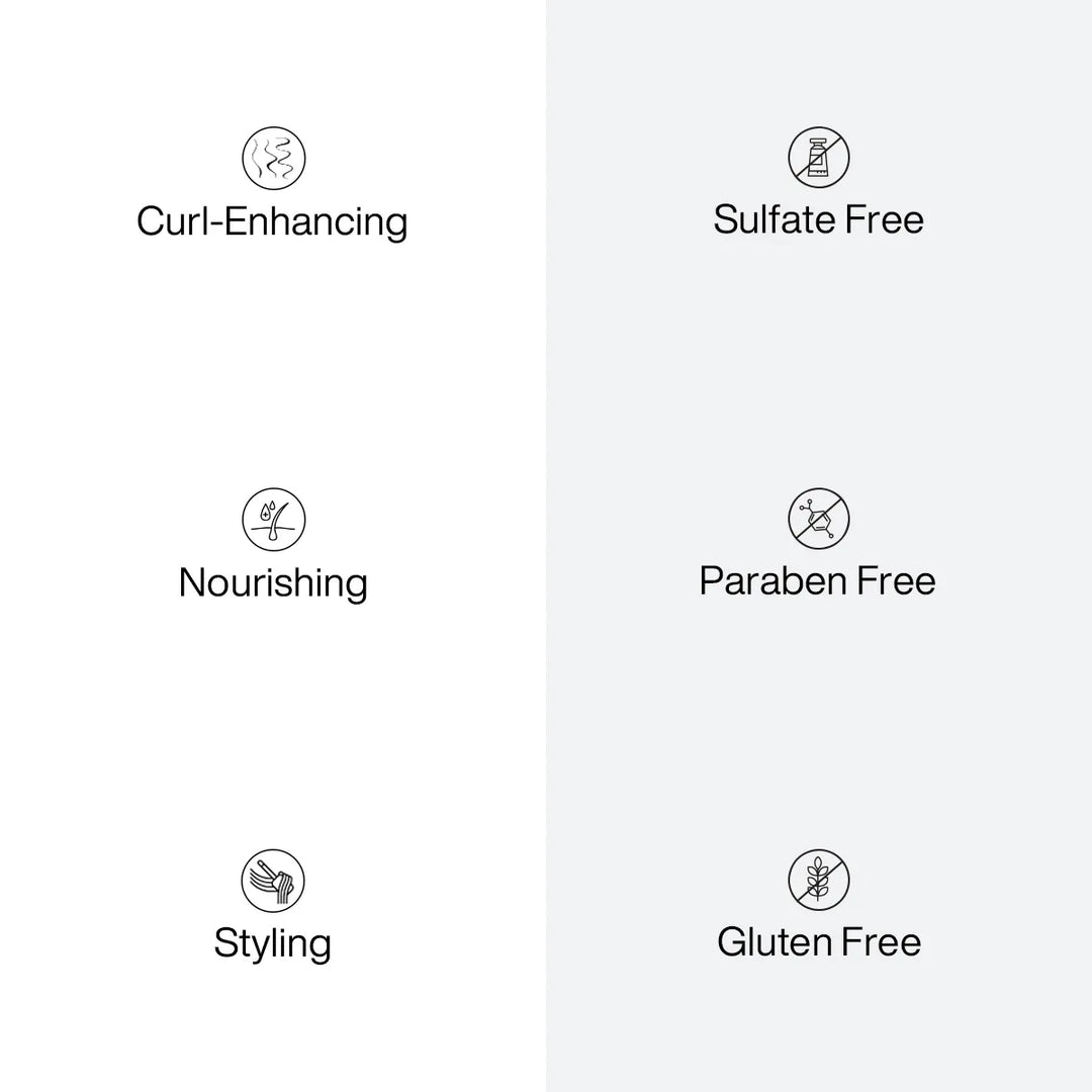 Six-icon benefit panel: Curl-Enhancing, Nourishing, Styling, Sulfate Free, Paraben Free and Gluten Free