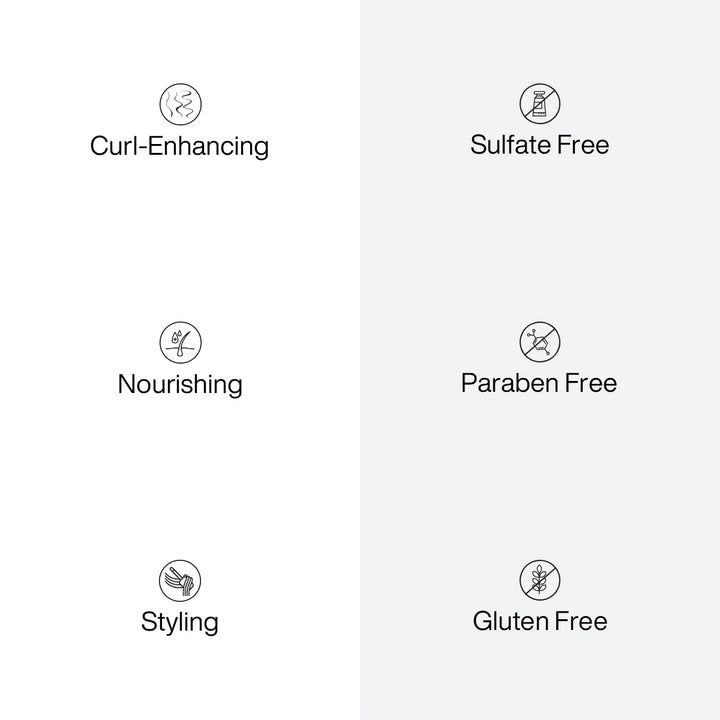 Six-icon benefit panel: Curl-Enhancing, Nourishing, Styling, Sulfate Free, Paraben Free and Gluten Free