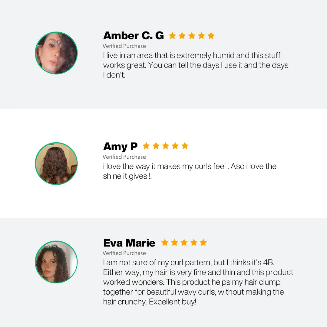 Three five-star verified CurlsDefineHer reviews praising humidity resistance, shine and soft clumped curls without crunch