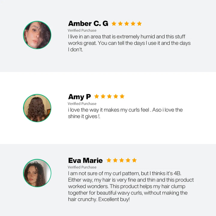 Three five-star verified CurlsDefineHer reviews praising humidity resistance, shine and soft clumped curls without crunch