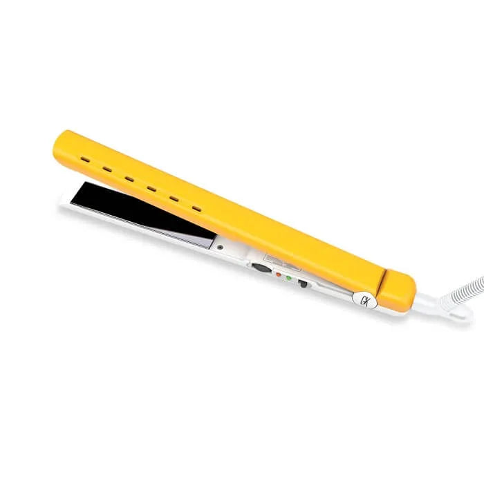 GK Hair straightening iron in yellow and white, slim plates open, slide power switch with one orange and one green light