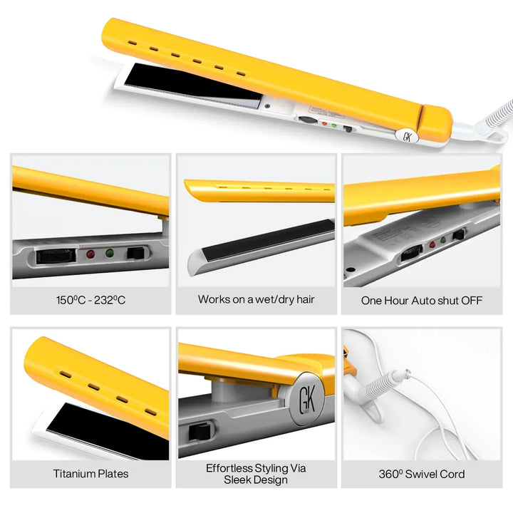 GK Hair D700 flat iron details: 150-232°C, works on wet or dry hair, one hour auto shut off, titanium plates, sleek design, 360° swivel cord