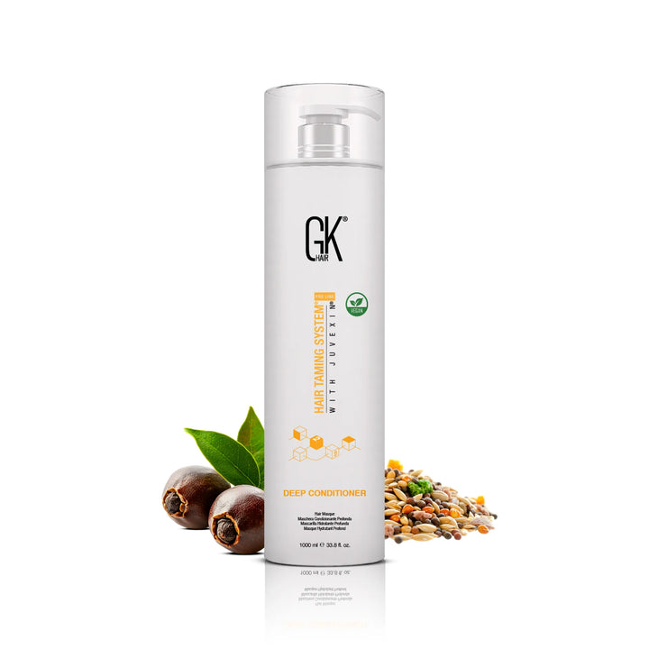 GK Hair Deep Conditioner 1000 ml white pump bottle, Hair Taming System with Juvexin, vegan badge, jojoba nuts and seeds