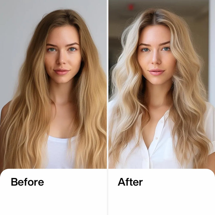 Before and after: left, long blonde hair dry, frizzy and flat; right, brighter blonde with shiny, soft defined waves