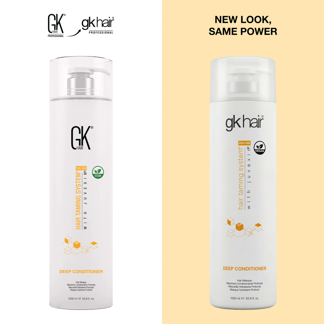 GK Hair Deep Conditioner 1000 ml pump bottle, old branding left and new gk hair branding right, headed New look, same power
