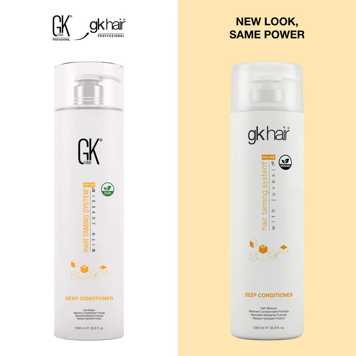 GK Hair Deep Conditioner 1000 ml pump bottle, old branding left and new gk hair branding right, headed New look, same power