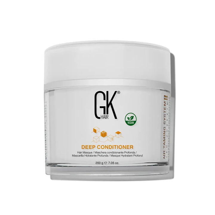 GK Hair Deep Conditioner hair masque 200 g clear tub with a white screw lid and vegan badge on a white background