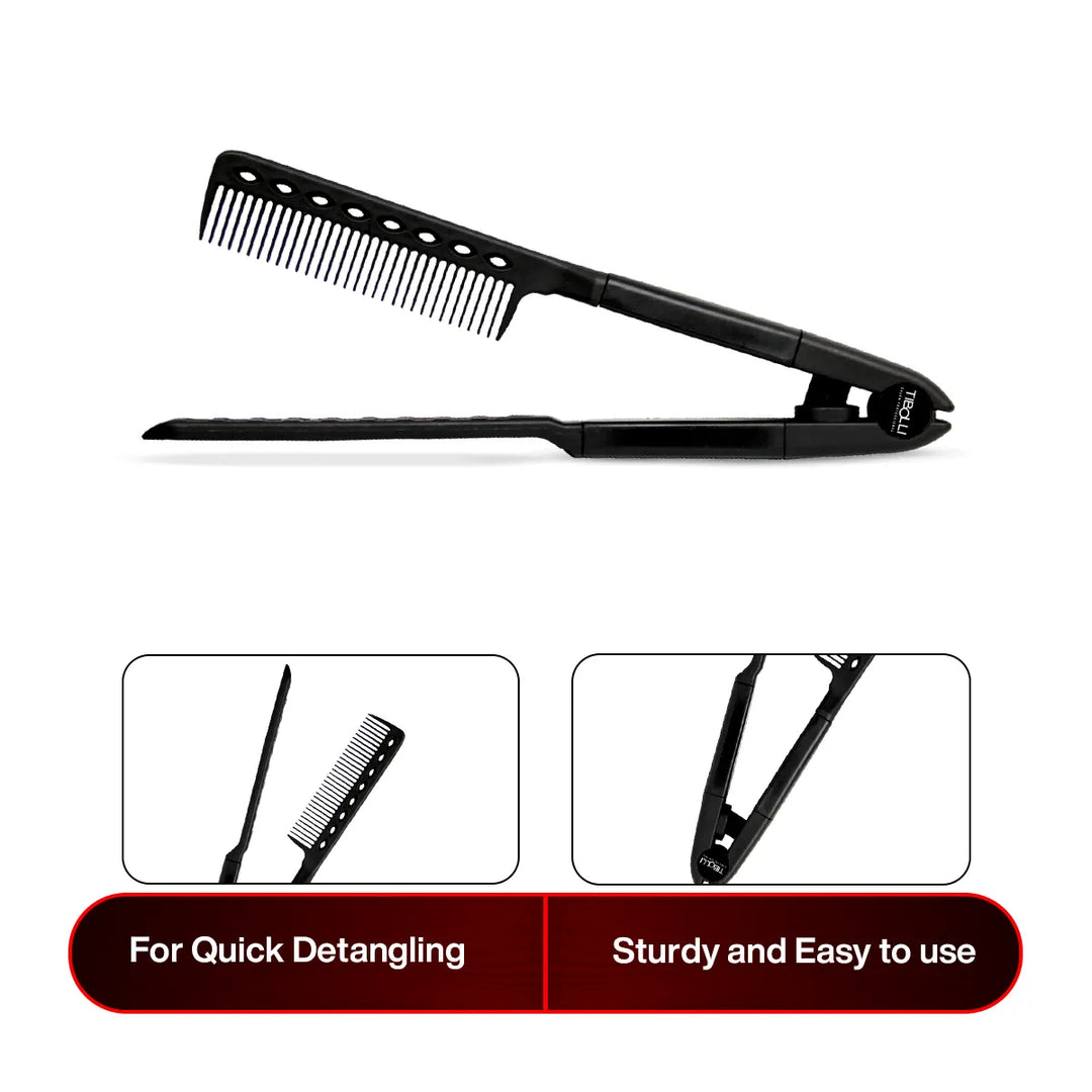 Tibolli Easy Comb, a black V-shaped straightening comb, with panels reading For Quick Detangling and Sturdy and Easy to use