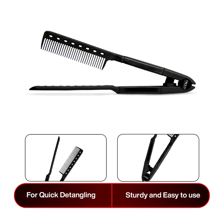 Tibolli Easy Comb, a black V-shaped straightening comb, with panels reading For Quick Detangling and Sturdy and Easy to use