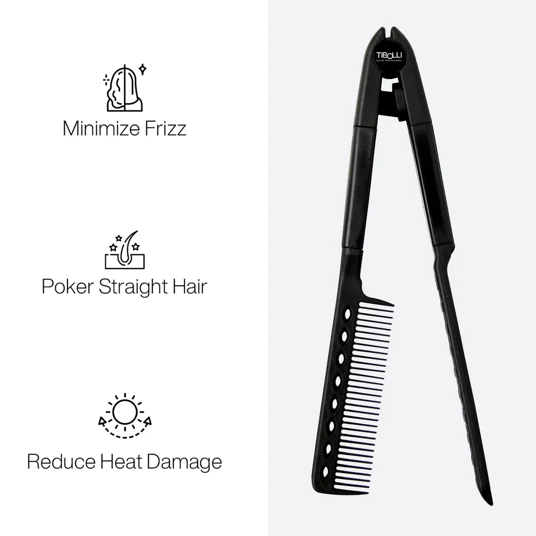 Tibolli Salon Professional black clamp straightening comb beside icons for Minimize Frizz, Poker Straight Hair, Reduce Heat Damage