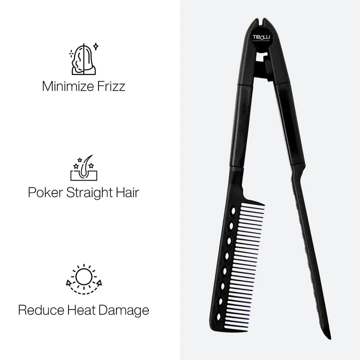 Tibolli Salon Professional black clamp straightening comb beside icons for Minimize Frizz, Poker Straight Hair, Reduce Heat Damage