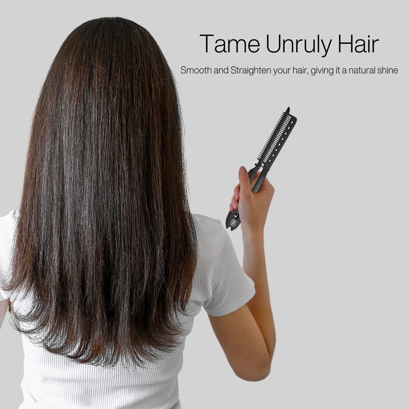 A lady after using the Tibolli Easy Comb to smoothen and straighten her hair