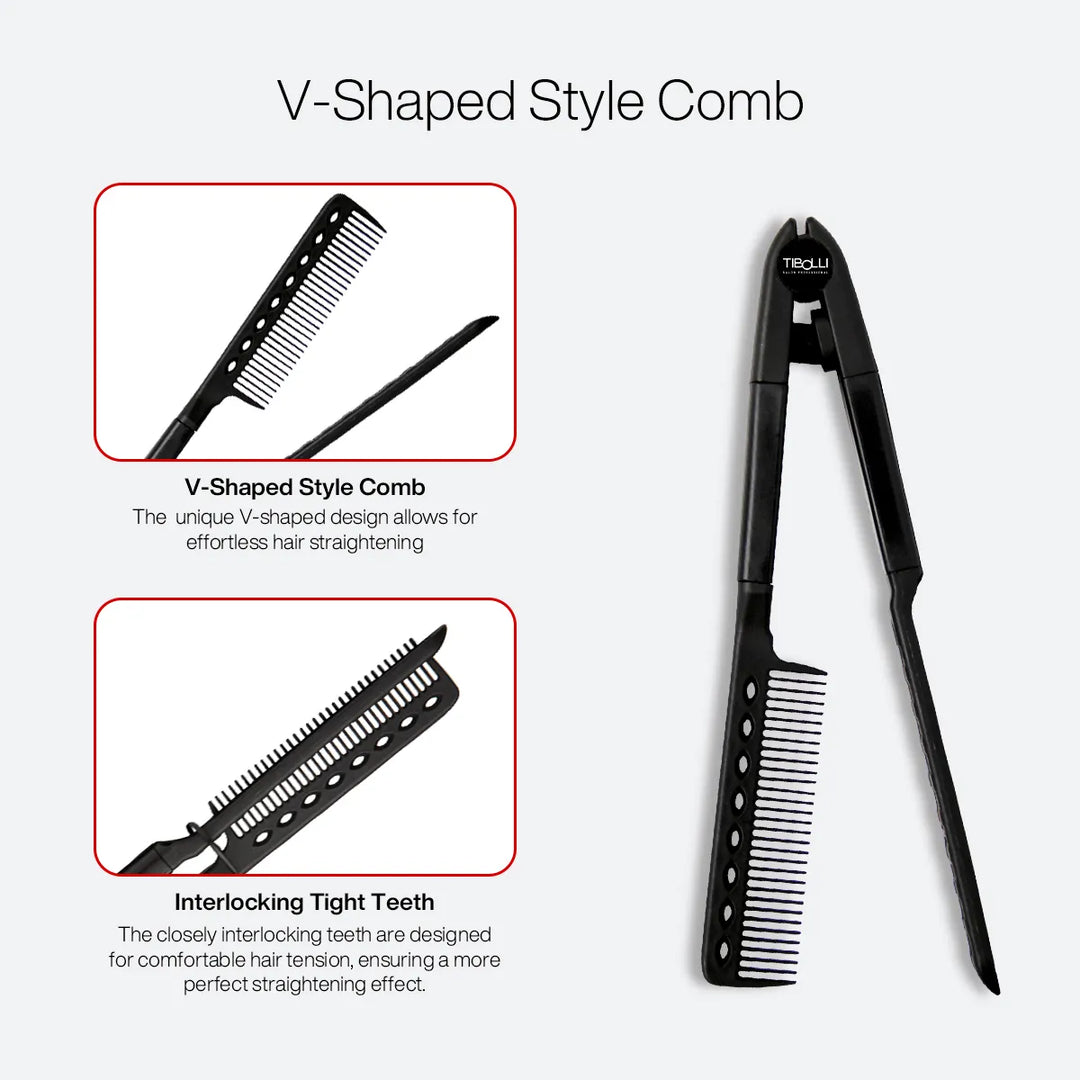 Tibolli V-Shaped Style Comb panel: V-shaped design for effortless straightening, interlocking teeth for even hair tension
