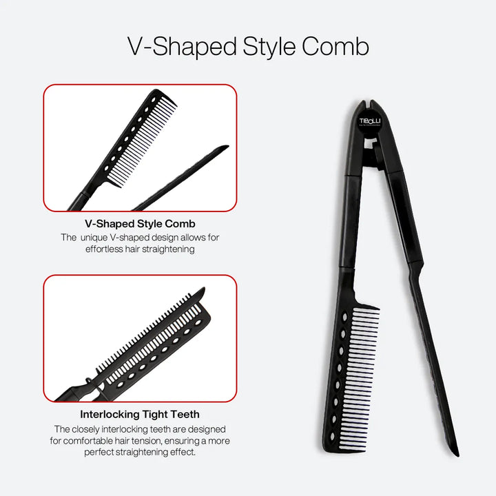 Tibolli V-Shaped Style Comb panel: V-shaped design for effortless straightening, interlocking teeth for even hair tension