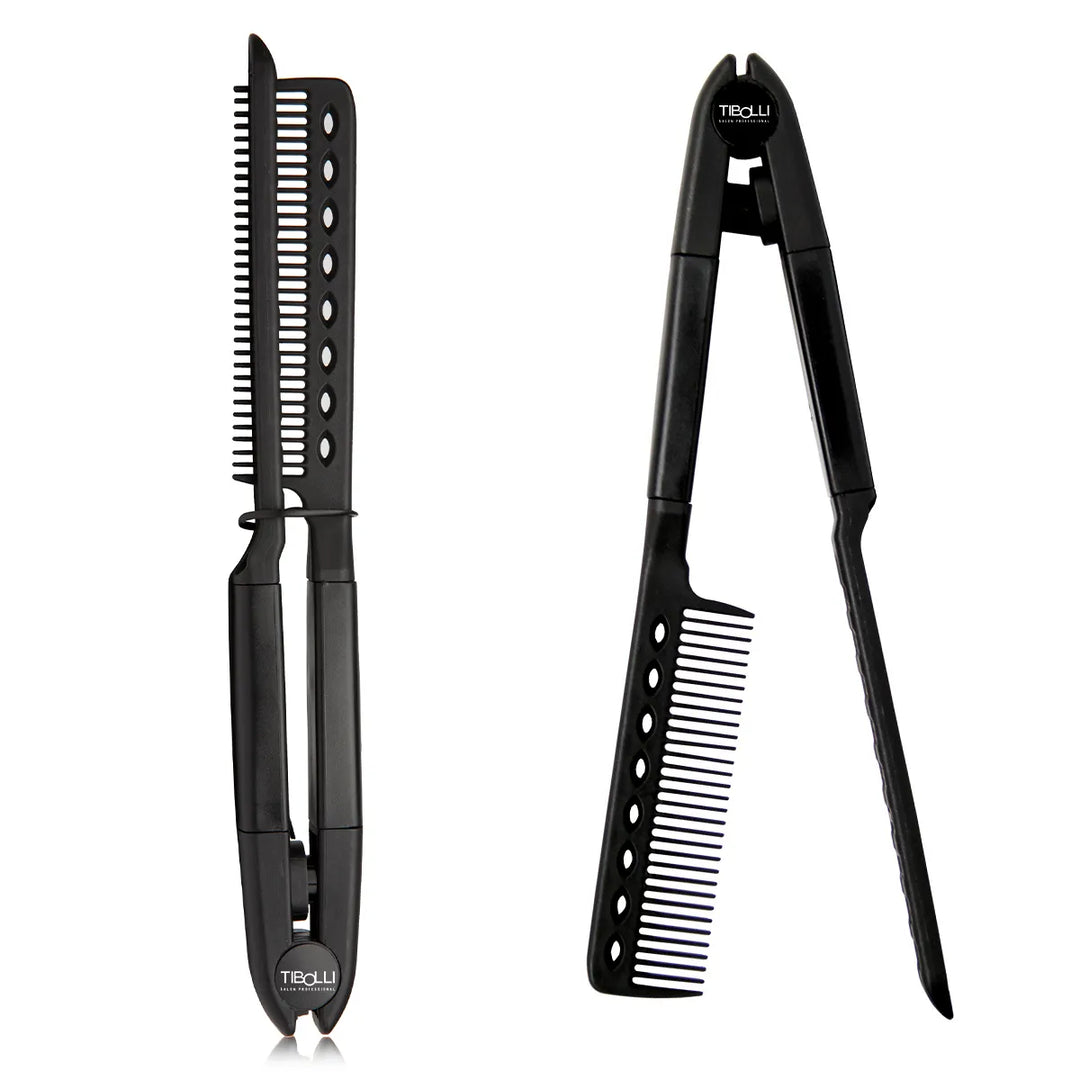 Tibolli Easy Comb, a black V-shaped straightening comb shown closed and open, branded Tibolli Salon Professional