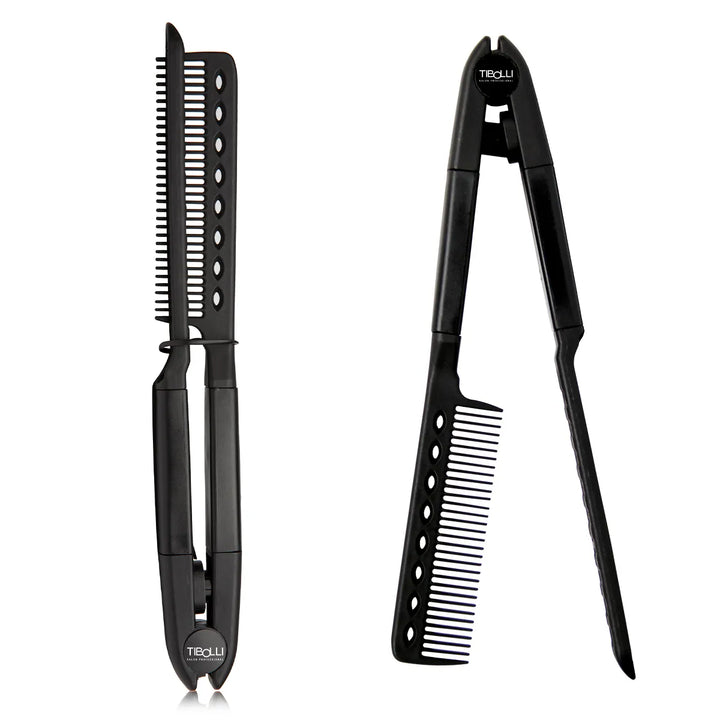 Tibolli Easy Comb, a black V-shaped straightening comb shown closed and open, branded Tibolli Salon Professional
