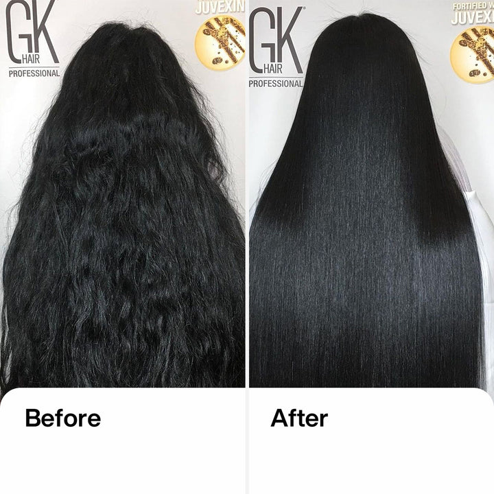 Before and after on long black hair: frizzy waves at left, sleek straight shine at right, GK Hair Professional Juvexin badge