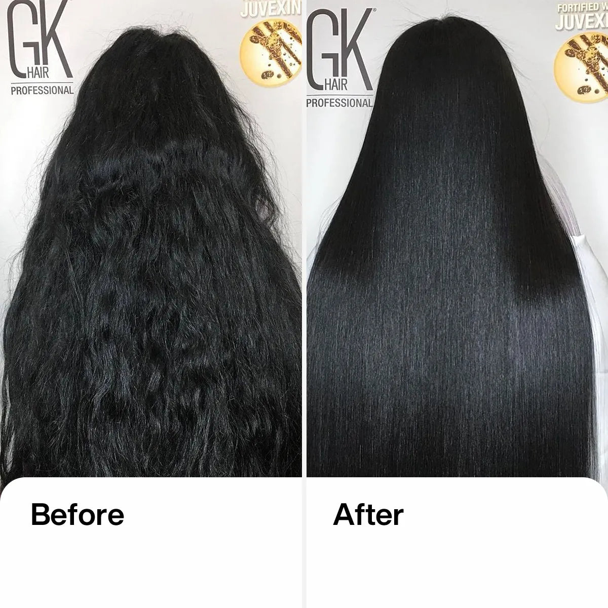 A lady before and after using GK Hair Easy Control Flat Iron